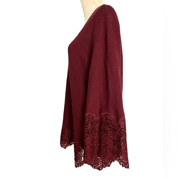 Chico’s burgundy wine belle sleeve ribbon knit lace detail sweater - Picture 6 of 8